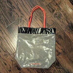Black and White Striped Tote Bag with Pink Handles